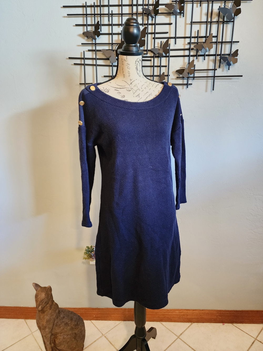 Talbots Navy Mini Sweater Dress with Shoulder Buttons